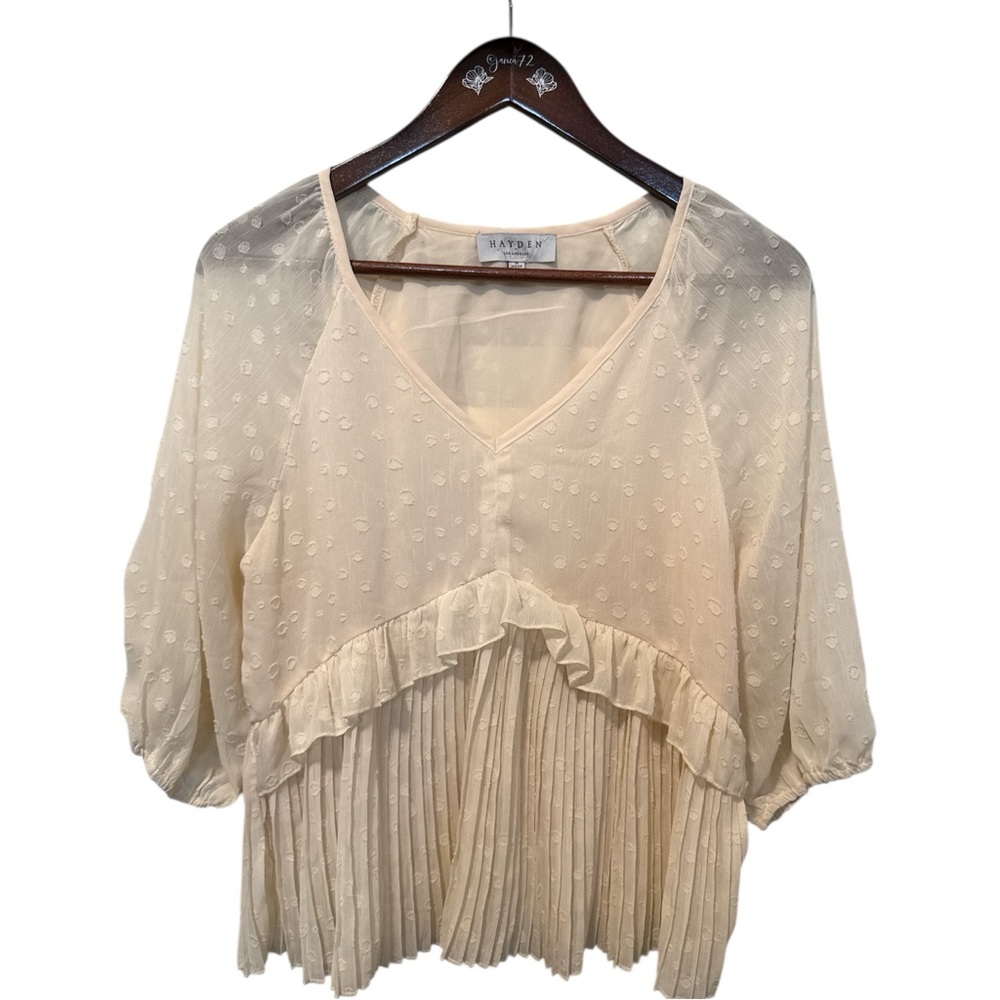 Hayden Sheer Swiss Dot Peplum Ruffled Blouse Sz Medium Cream 3/4 Puff Sleeves